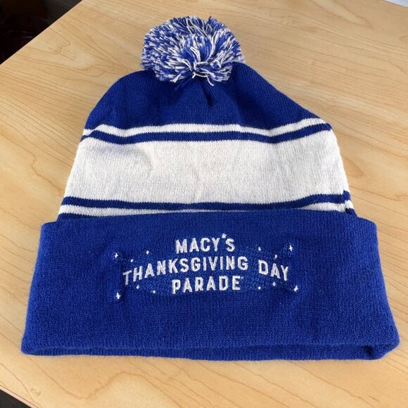 Macys Thanksgiving Day Parade Blue White Beanie Pom Pom Unisex Stretch Souvenir - Picture 2 of 7